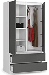 BDW Kleiderschränk 2 Türen, 4 Einlegeböden, Kleiderständer, 2 Schubladen, Mehrzweckschrank, Schubladenschrank, Garderobenschrank für Schlafzimmer, Wohnräume, 180x90x51cm, Weiß/Grau