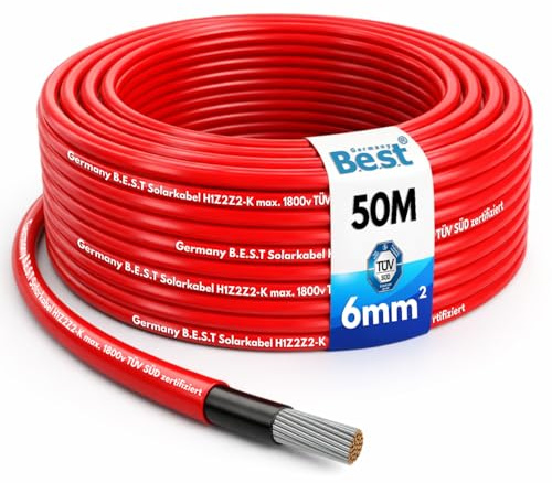 50m Solarkabel 6mm² Solarleitung PV Kabel Photovoltaikkabel H1Z2Z2-K Rot | Verzinntes Kupfer, H1Z2Z2-K, PV Kabel, Solarkabel, 1800V DC, UV- & witterungsbeständig, Photovoltaik