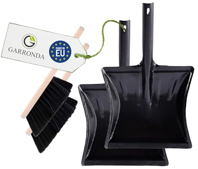 Garronda Pack de 2 Juego de Escoba y Recogedor Metálico – Cepillo Madera y Pala de Mano Resistente para Cenizas, Polvo y Suciedad, Set para Limpieza Hogar y Jardín GD-0172 (Negro + Negro)