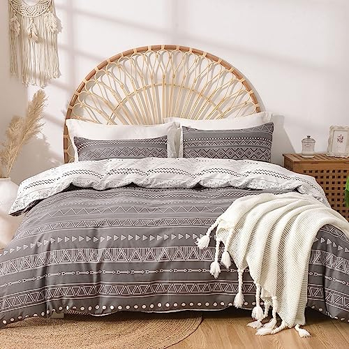 Lekesky Bettwäsche 200x200 Baumwolle, Bettwäsche-Sets 3 Teilig Reißverschluss mit Astmuster, weiche und Bequeme Bettwäsche mit Reißverschluss-Kopfkissenbezug 80x80cm, Grau