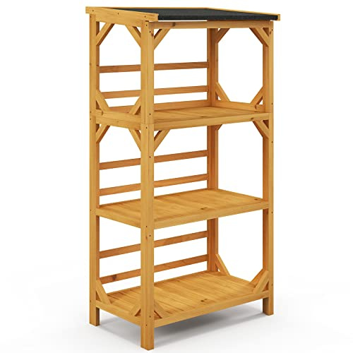 COSTWAY 3-Tier Outdoor Wooden Storage Shelf, 137cm Tall Plant Stand Rack with with Weatherproof Asphalt Roof, Garden Utility Tool Organizer for Patio Balcony, Hold up to 90kg