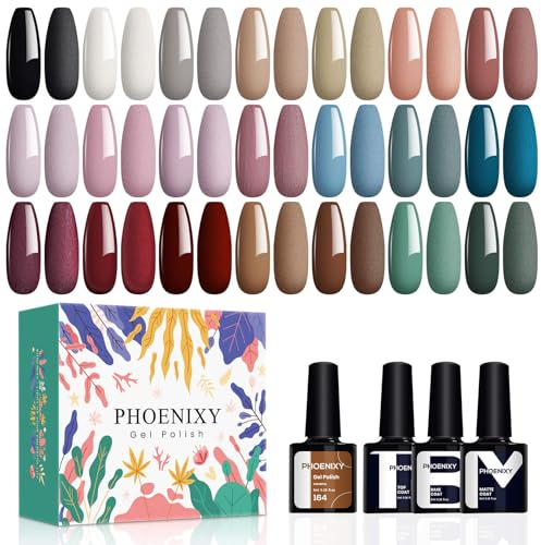 Phoenxiy 24Pcs Smalto Semipermanente Unghie 21 Colori Smalti Semipermanenti per Unghie con Base Top e Matt Coat Smalto per Unghie in Gel U V/LED Nero Rosso Marrone Blu