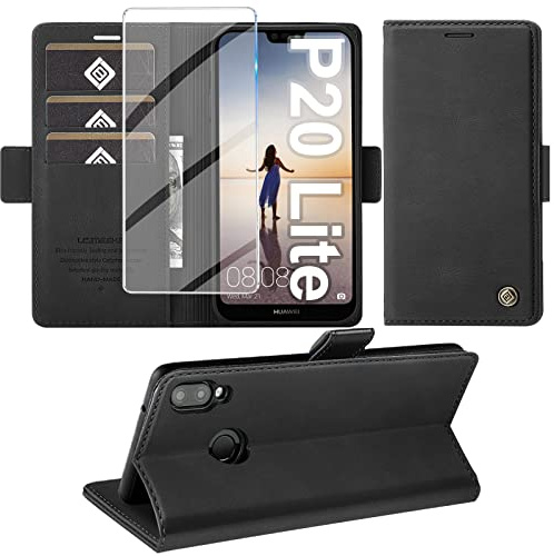 Giyer Handyhülle für Huawei P20 Lite Mit Displayschutzfolie, PU Leder Wallet Flip Case Cover, Standfunktion, Kartenfach, Klapphülle Lederhüllen (Schwarz)
