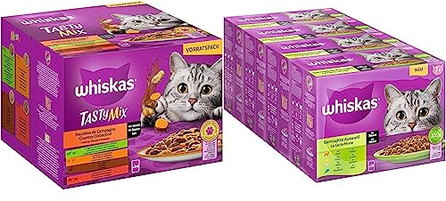 Whiskas 1+ Katzenfutter Tasty Mix Country Collection in Sauce & Senior 7+ Katzennassfutter Gemischte Auswahl in Sauce