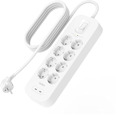 Belkin Multipresa con USB montabile a parete con 8 prese protette,cavo di alimentazione da 2m,LED di stato,2 porte USB-C con ricarica rapida,ciabatta elettrica con protezione fino a 900 J,Bianco
