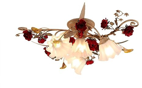 LITFAD 4-Lights Flower Vine Ceiling Light Romantic Rose Semi Flush Mounted Ceiling Lighting Rural Art Iron Mounted Chandelier with Glass Shade for Bedroom Living Room Dining Room
