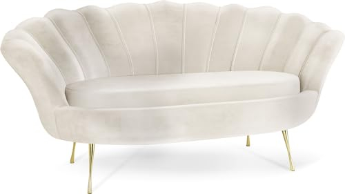 WFL GROUP Samt Muschel Sofa mit Golden oder Silber Metallbeinen - Weicher 2-Sitzer Couch für Wohnzimmer - Elegant Polstersofa Muschelform - Soft Cloud Set - Golden Beinen - Beige