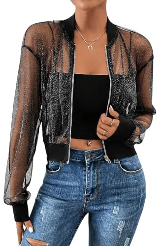 GORGLITTER Glitzer Jacke Damen Festival Outfit Mesh Transparent Bomberjacke | Techno Outfit, Rave Outfit, Festival Jacke, Durchsichtig Jacke, Party Outfit Damen, Winterjacke， Netzstoff Jacke