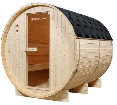 Artsauna Outdoor Fasssauna Spitzbergen 220 für 6 Personen - 8 kW Ofen, Saunasteine & Zubehör - Saunafass aus Fichtenholz - Außensauna Gartensauna