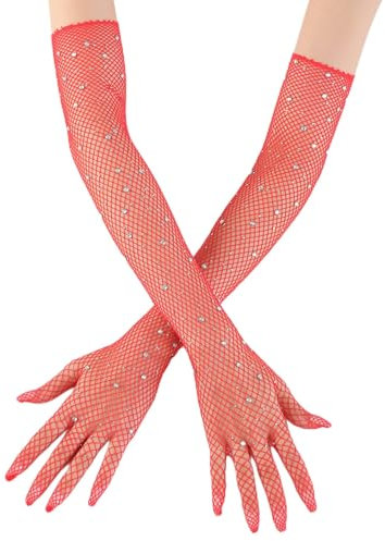 Wambere 1 Paar Lange Netzhandschuhe für Damen,Glitzer Strass Lange Handschuhe Fischnetz Handschuhe,Vintage Abendhandschuhe Operahandschuhe,für Hochzeit Halloween Maskerade Cosplay,Rot