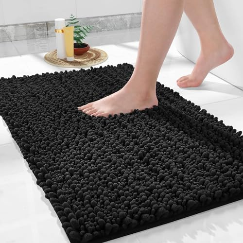 Yimobra Bathroom Mat, 43 x 61 cm, Soft Shaggy and Comfortable, Large Size, Super Absorbent and Thick, Non-Slip, Machine Washable, Perfect for Bathroom, Black
