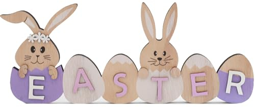 DAHI Coniglio Pasquale in Legno, Scritta di Legno Pasqua, Coniglietti Pasquali Decorativi, Decorazione Pasquale (C-1 Pezzo)