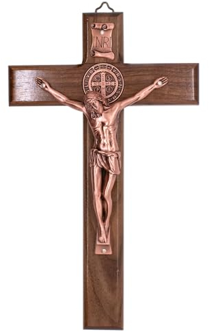 Saint Benedikt Wandkreuz | Dunkles Massivholzkreuz mit roségoldfarbenem Korpus und St. Ben Medaille | Katholische Wohnkultur | Tolles religiöses Geschenk zur Erstkommunion und Konfirmation