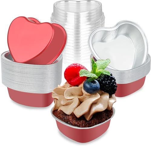 BFJ Heart Shaped Cake Pans 3.5oz/100ml Aluminum Foil Heart Cake Pan with Lids, 25pcs Disposable Small Heart Baking Cupcake Pan Red for Valentine's Day Weddings Birthday