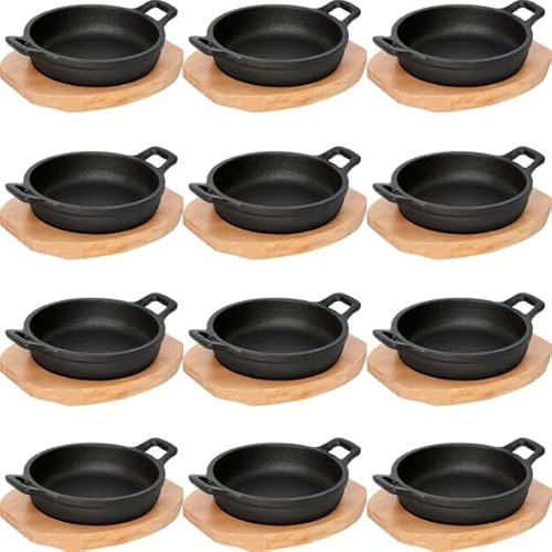 12x Servierpfanne mit Holzuntersetzer und zwei Seitengriffen Ø 10 cm Gusseisen