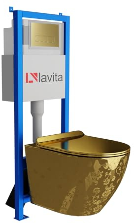 Lavita LAV 101 Sofi Slim Gold Eye Élément mural WC 40 cm + évier mural sans bord + panneau de commande LAV 200.3.5 Gold | Kit complet | Réservoir de chasse encastré