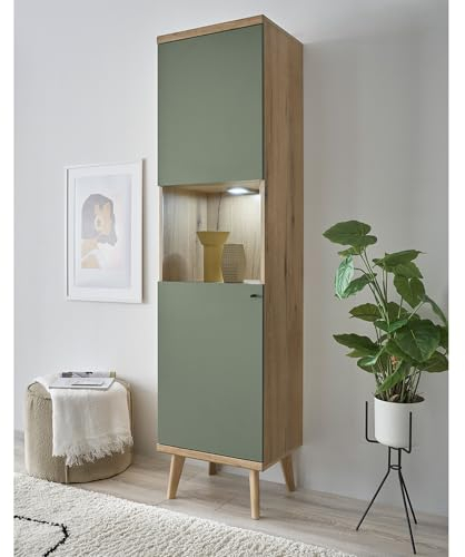 Lomadox Wohnzimmer Esszimmer Vitrine Vitrinenschrank Standvitrine in Eiche mit grün Modern inkl. Beleuchtung