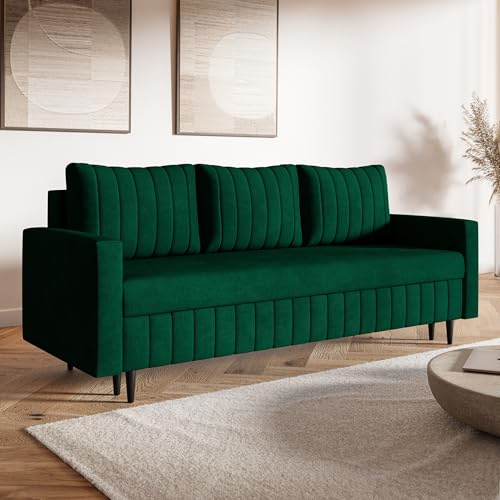 MOTIVENA Leo Sofagarnituren, 3 Sitzer Sofa mit Bettfunktion, Schlafsofa 215 cm Breit, Klappsofa mit Schlaffunktion, Bettsofa mit Schlaffunktion, Bonellfederkern (H4), Samt Grün