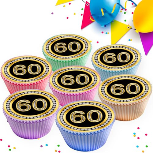30 x 60TH BIRTHDAY 60TH ANNIVERSARY BLACK & GOLD EDIBLE ICING 3.8 cms CUPCAKE TOPPERS DECORATIONS