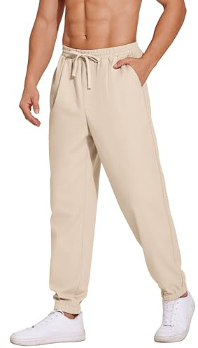 COOFANDY Herrbyxor, långa linnebyxor, lätta sommarbyxor med elastiskt band, strandbyxor, män, fritidsbyxor, lös passform, Beige, XL