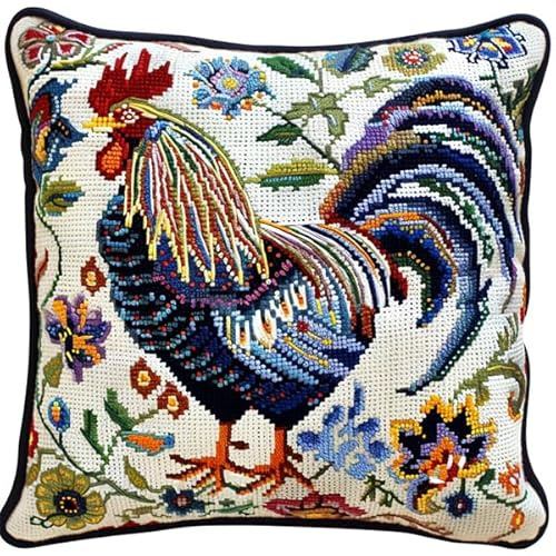 Lfynior Kreuzstich Kissen Set Vorgedruckt Hahn Stickkissen mit Muster 45X45cm Stickpackung Stickset Kreuzstich Kissen zum Basteln Stickkissen Stickpackung mit Vorgedruckt Kreuzstichmotiv