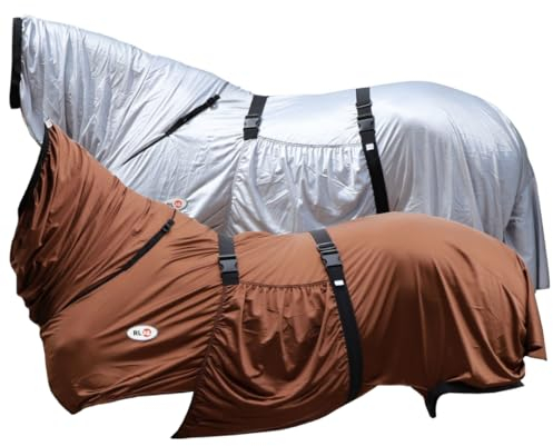 RL24 - Ekzemerdecke mit Halsteil & Bauchlatz – Fliegendecke zum Schutz vor Insekten – feinmaschiges Gewebe, doppelter Frontverschluss & Beinschnüre – Outdoor-Pferdedecke in Hellbraun – 155cm