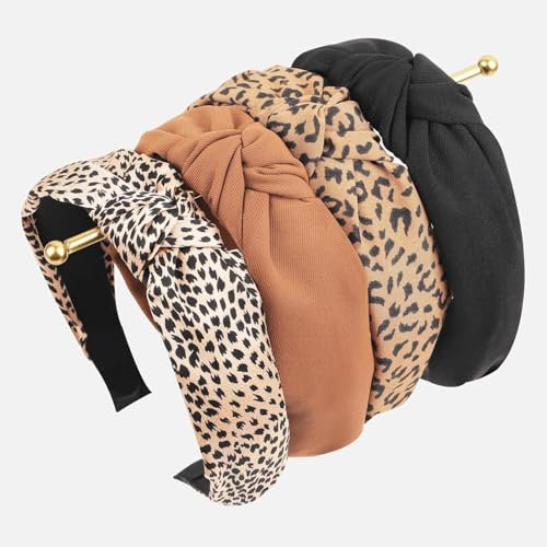 Hebterrka 4 Stück Stirnbänder für Damen, Rutschfest, Modisch, Damen-Stirnbänder für Haare, Süßes Haarband für Damenhaare, Breiter Knoten,Leopardenmuster Haarreifen