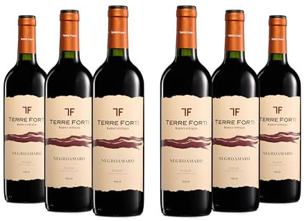 Terre Forti Negroamaro Puglia IGT, Italienischer Rotwein mit Rundem und Vollem Geschmack mit Noten Schwarzer Früchte, 12,5 % Vol., Karton mit 6 Flaschen mit jeweils 750 ml