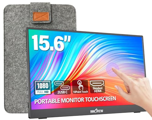 InnoView Portable Monitor Touchscreen 15.6 1080P 10-Point Touch Screen Monitor Portable with Protective Sleeve, 1200:1 HDMI USB C Travel Monitors for Laptop, PC, Phone