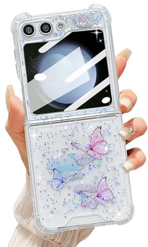 UEEBAI Case for Samsung Galaxy Z Flip 6/5 5G, Bling Butterfly Glitter Case for Women - Pink