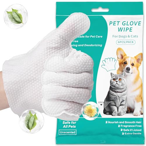 EcoEarth - Premium Pet Wipes for Dogs & Cats - 6 Gloves - Disposable Washing Mitt for Bath & Grooming - Clean Paws, Fur, Face, Ears, Rear & Body - Hypoallergenic, Lick-Safe, Waterless Cleaning