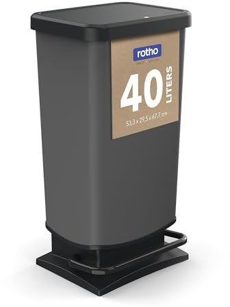Rotho Paso Mülleimer Küche 40 Liter Tretmülleimer mit Deckel Anthrazit | Mülleimer Bad, Papierkorb, Badezimmer Mülleimer, Mülltonne, Soft-Close-Deckel, breites Pedal, Innenring verdeckt Müllbeutel