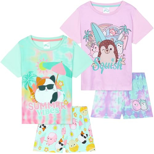 Get Trend Squishmallows PJs Girls 2 Pack Short Sleeve Pyjamas Set Teens Lounge Sets Tie Dye Soft Sleepwear Gifts for Girls (11-12 Years, Multi Squishmallows, 2)