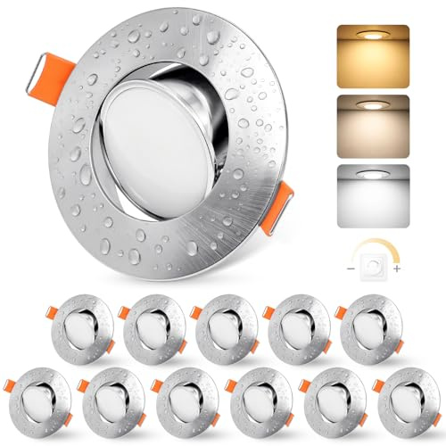 YindaLux LED Einbaustrahler 230V Dimmbar Schwenkbar Einbauspots 5W IP44 LED Spot 68-80mm Lochmaß Deckenspots 3000K/4000K/6000K Einbauleuchten für Badezimmer Wohnzimmer Küche Nickel 12er Set