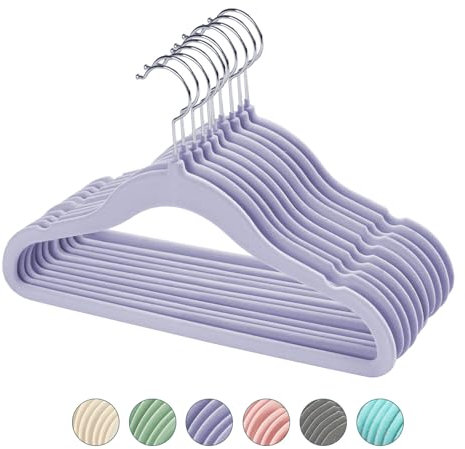 Kleiderbügel Kinder, Baby Kleiderbügel 10 Stück, Kleiderbügel Platzsparend, Samtbügel rutschfeste, Kinderkleiderbügel mit 360° Drehbaren Haken, Schöne Kleiderbügel für Kinder Lila