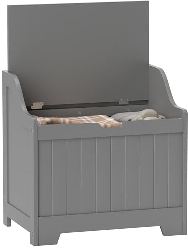 HOMCOM Storage Chest, Storage Trunk with Safety Hinge and U-shaped Cut-out Pull, Wooden Storage Box for Living Room, Entryway, 56.5 x 38 x 56 cm, Grey
