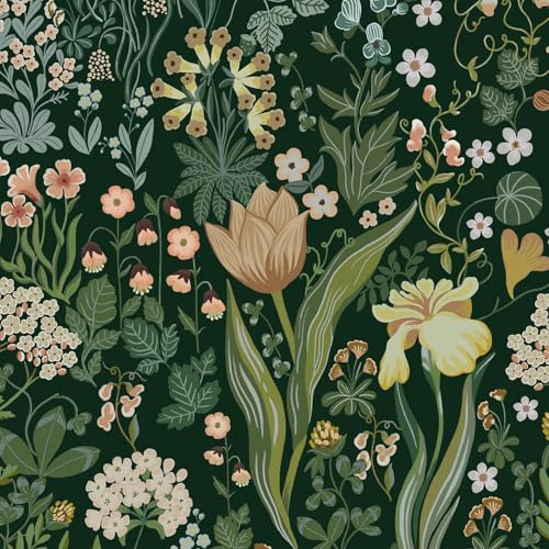 LiKiLiKi Papier peint autocollant à motif de fleurs et de feuilles - Rouleau de vinyle 44 x 1000 cm (vert floral) Papier peint autocollant imperméable pour salon, chambre à coucher, cuisine