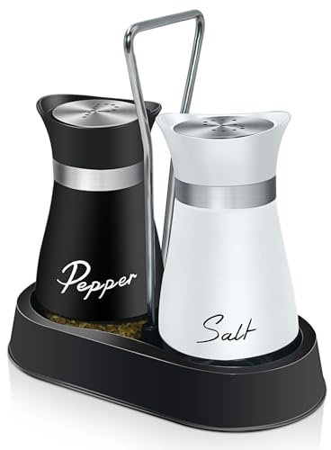 Juego de Salero y Pimentero con Soporte, Shakers Vidrio Vintage Negro Blanco, Salero y Pimentero Acero Inoxidable, Estilo Rústico/Farmhouse Decoración de Cocina Hogar Restaurante Boda BBQ y Camping