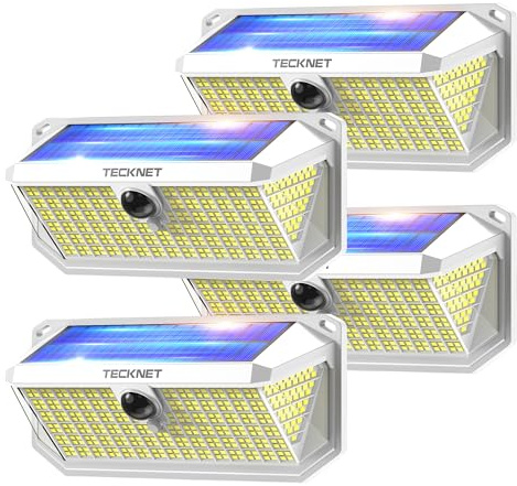 TECKNET Luz Solar Exterior, 4200lm 416 LED Focos Led Exterior Solares | Movimiento 300° Iluminacion 3 Modos IP66 Impermeable Focos Led Solares para Jardín, Garaje, Patio, 4 Paquete
