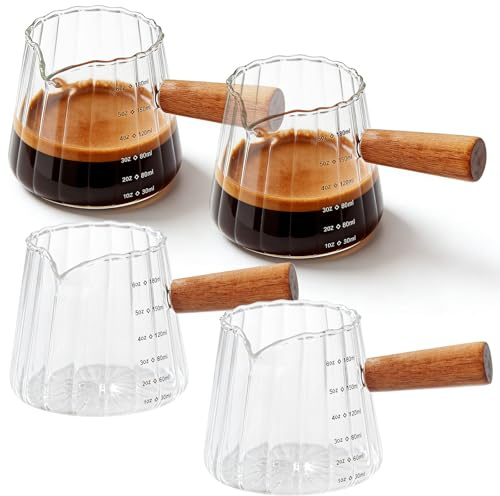 Behogan Juego de 4 tazas medidoras para café expreso de 180 ml con mango de madera: tazas de café expreso con mango de madera, jarras de café expreso de cristal, para cocina, oficina, cafetería y