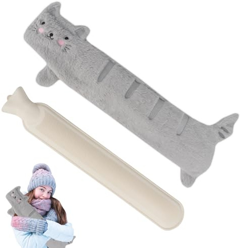 RNPKZ Wärmflasche Katzen Lang mit Weichem Bezug, 2L Wärmflasche Tier mit Bezug, Long Hot Water Bottle, Nackenwärmflasche, WäRmeflasche Schlauch für Rücken Nacken Schulter Unterleib (60cm, Grau Katze)