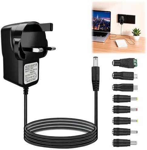5V 2A Power Supply Adapter Universal AC to DC Power Adapter with 8 Tips DC Plug Adapters 5V Charger Replacement for LED Strip Lights, Router, TV Box, Speaker, Tablet and More Household Electronics