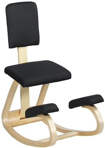 HOMCOM Ergonomischer Kniestuhl mit Rückenlehne, Kniesitz mit Wippfunktion, ergonomischer Holzhocker, orthopädischer Bürohocker, Haltungskorrektur, Linderung von Rückenschmerzen, schwarz