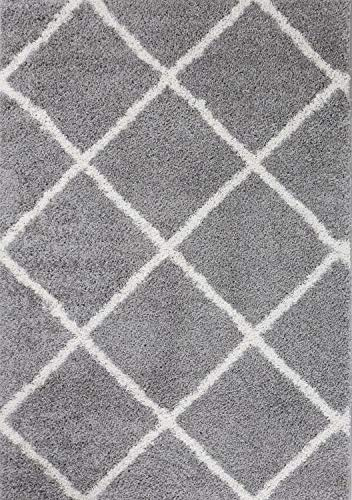 Hochflor Teppich Wohnzimmer Shaggy weich modern Rauten Muster Grau Anthrazit Creme Schwarz Rot Lila Beige, Farbe:Grau, Maße:120x170 cm