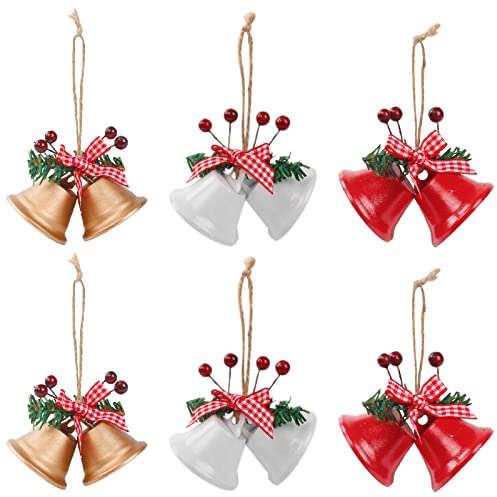 Zhongtou Glöckchen Weihnachten 6 Stück Weihnachtsbaum Hängende Glocke Anhänger Weihnachtsglocke Ornamente mit Schleife und roten Beeren für Weihnachtsbaum Fenster Tür Party Dekor