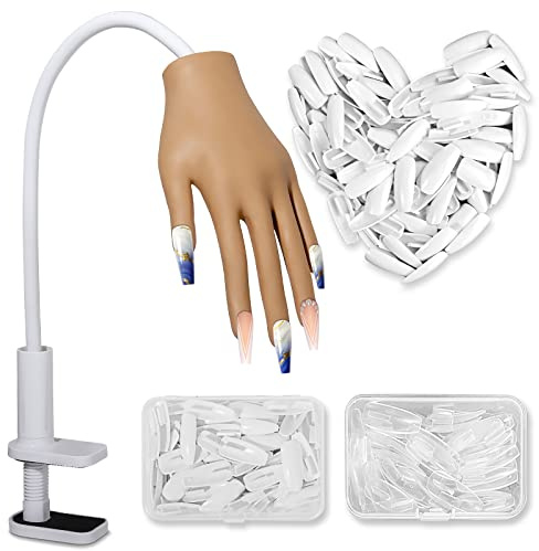 Yokilly Main d Entrainement Pour Ongle,Silicone Main D'entrainement Manucure Avec 200 Faux Ongles,Professionnels Flexible Réglables Modèle Main Femelle Pour Ongle (Mains Le Brun)