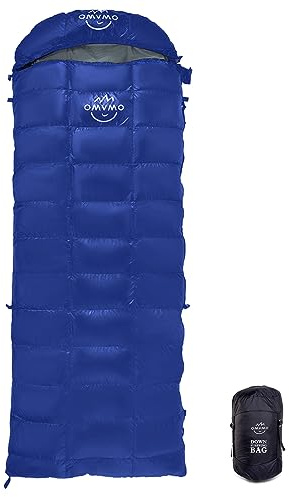 OMVMO 0 20 Degrees F Camping Sleeping Bag for Adults,4 Season Rectangle Down Fiber Sleeping Bag for Camping Hiking,Used as Blanket Quilt or Cloak (Darkblue/20℉/Right Zipper, Long(Fits up to 6'6''))