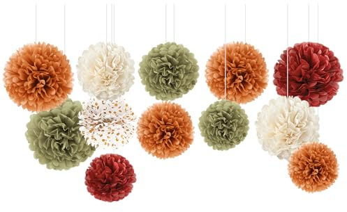 NICROLANDEE Fall Party Decorations, 12 PCS Pumpkin Orange Burgundy Sage Green Ivory Tissue Pom Poms Thanksgiving Decor for Home, Wedding, Birthday, Autumn Harvest Party Supplies