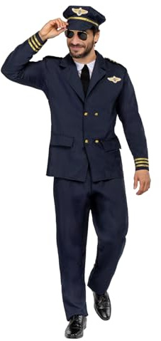 Funidelia Disfraz de piloto de aviones para hombre, Traje original con pechera, corbata, pantalón y gorra, Disfraces de Carnaval, Halloween y Fiestas – Talla XL