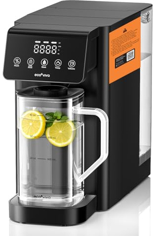 Ecoviva MATE 5 Auftisch UV Umkehrosmoseanlage Osmoseanlage Trinkwasser Wasserfilter mit 8-Stufen-Filter & Heißwasserspender – Glas Teekanne – 3:1 Verhältnis, Alkalisches Wasser, Italienische Version